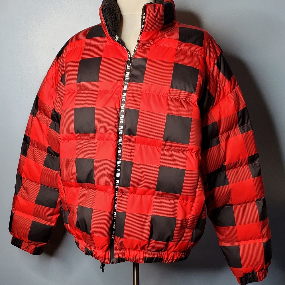 Victorias Secret Pink Sherpa Collar Puffer Jacket Buffalo Plaid large NEW